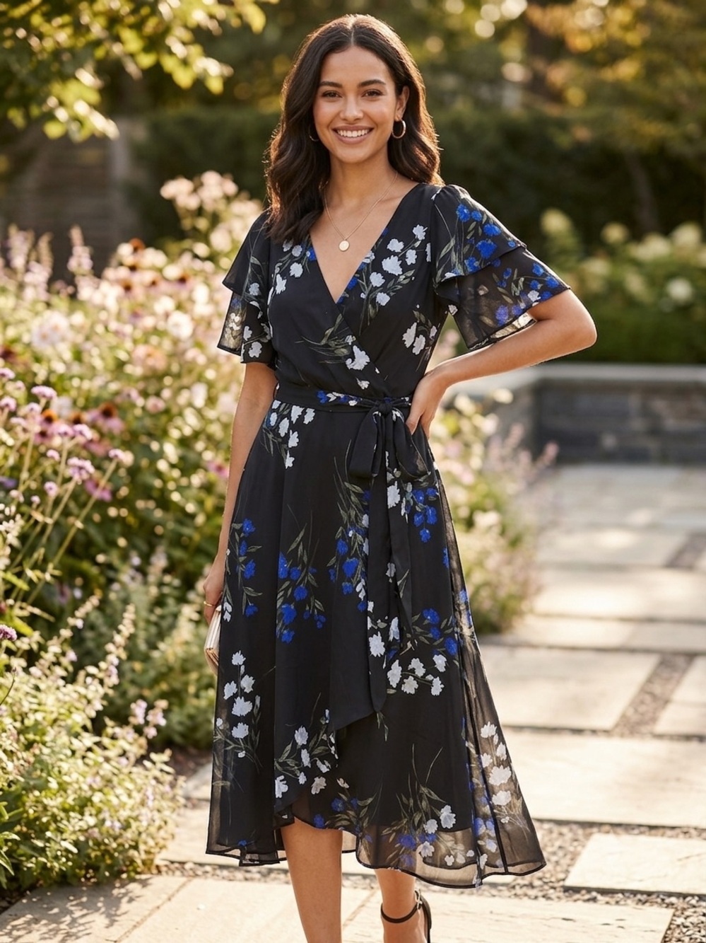 DKNY Black Floral Wrap Midi Dress with Blue & White Flowers